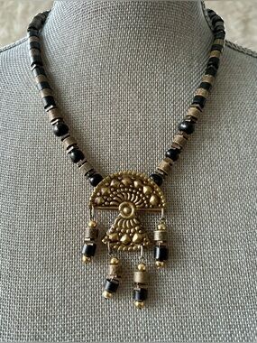 Gold and Black Beaded Tribal Pendant Necklace - Women Jewelry